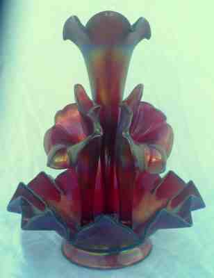 Large Iridescent Red Stretch Glass 4-Horn Epergne with Fenton Sticker & Mark