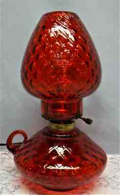 Vtg MCM Fenton Ruby Red Diamond Optic Electric Courting Finger Oil Lamp