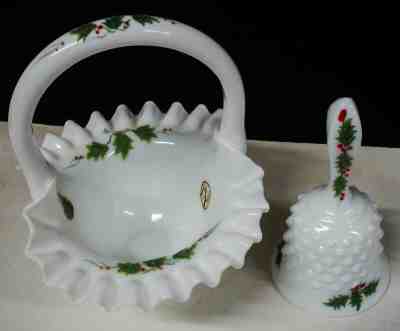 Vintage Fenton Louise Piper Hand Painted Holly Milk Glass Basket, Christmas