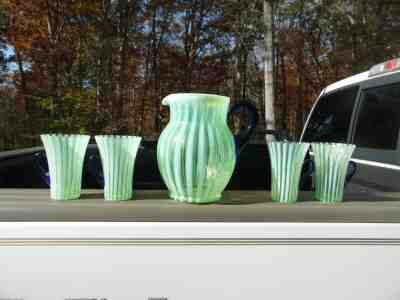 Fabulous Fenton Vaseline Opalescent Five Piece Lemonade Set / Blue Handles