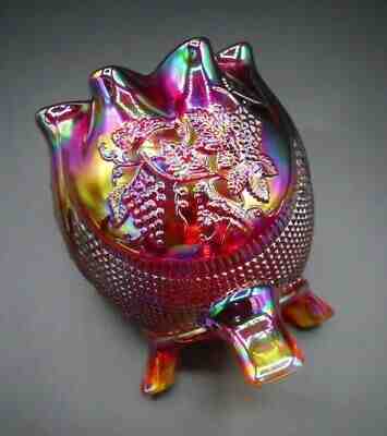 FENTON RED AMBERINA CARNIVAL 3 FOOTED "FINE CUT & GRAPES" ROSE BOWL