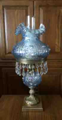 VINTAGE FENTON BLUE Cabbage Rose Carnival GLASS With Crystals HURRICANE LAMP