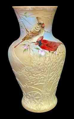 Fenton Art Glass OOAK Cardinals on Sandcarved Chocolate Glass Vase by M. Kibbe