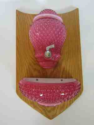 Fenton Wild Rose Overlay Hobnail Water Dispenser Lavabo Set w/ Display Stand