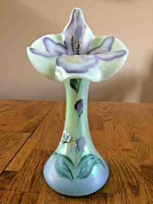 Fenton Green Opalescent Jack In The Pulpit Vase w Purple Flowers NIB Signed