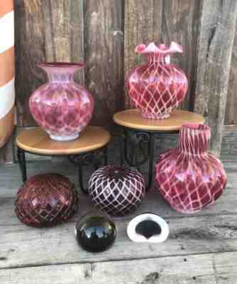 Fenton Cranberry Opalescent Diamond Optic Panel Vase  Progressive Fetty Made