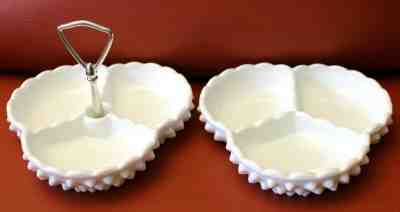 Lot of 2 Vtg Fenton Milk Glass White Hobnail Divided Relish Nuts Candy Dishes 