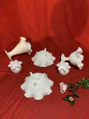 Lot of 6 Ruffled Hobnail White Milk Glass Vases, Candy Dishes