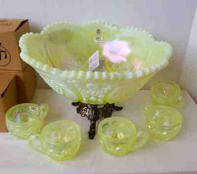 14pc Vntg FENTON Yellow Iridescent Opalescent w/ Bronze Stand PUNCH BOWL SET  