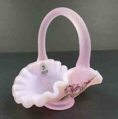 Fenton Art Glass Signed Miniature Hand Painted Flowers Pink Opalescent Basket