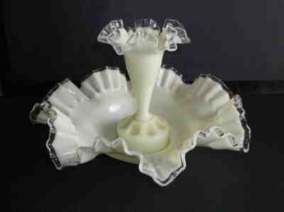 3 Pc Vintage 1940s Fenton Centerpiece Epergne Ivory Crest Crystal Ruffled Set