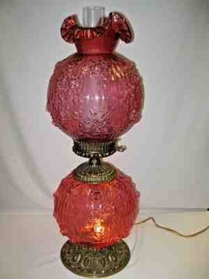 Huge JUMBO Vintage Fenton Cranberry GWTW Cabbage Rose Lamp ~ Excellent Condition
