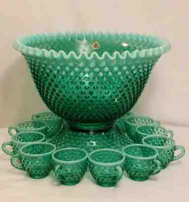 Rare Fenton Green Hobnail Opalescent Punchbowl Numbered Set 