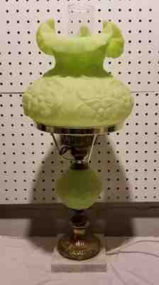 Vintage FENTON POPPY LIME GREEN SATIN uranium 19" STUDENT LAMP very beautiful 