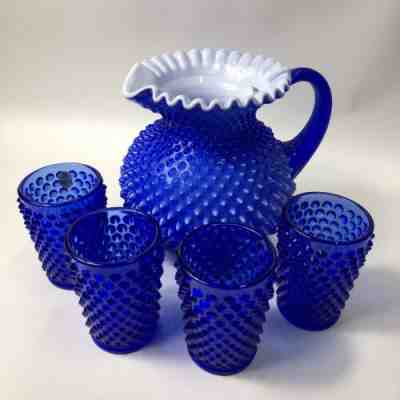 Fenton Cobalt Blue Lemonade Pitcher With White Ruffled Rim 4 Glasses Hobnail