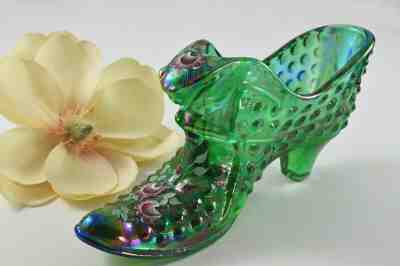 Fenton Glass Slipper Shoe Hobnail Cat Head Holiday Green Carnival Iridescent QVC