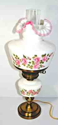 RARE FENTON APPLE BLOSSOM CREST-ROSES HURRICANE LAMP SIGNED FRANCES BURTON SALE!