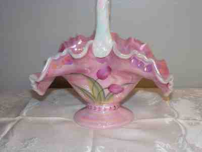 Fenton Legacy 9" basket Iridized hand painted Tulip flowers S Smith Fenton sign