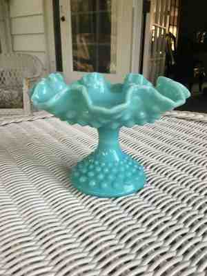 Fenton Pastel Turquoise Hobnail Milk Glass Pedestal Compote Ruffled Candy Dish