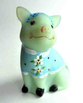 Fenton Art Glass Pig Figurine Green Burmese Satin Hand Painted Signed