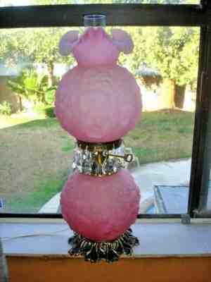 FENTON LAMP CUSTARD Art Glass PINK POPPY 3 WAY LIGHTING W/CRYSTAL PRISMS #2