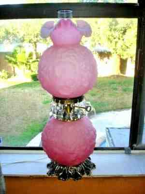 FENTON  LAMP CUSTARD Art Glass PINK POPPY 3 WAY LIGHTING W/CRYSTAL PRISMS #1