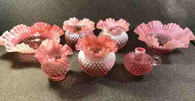 VTG Fenton Glass Cranberry Opalescent Hobnail Ruffled Edge Bowl Vase Candle LOT 
