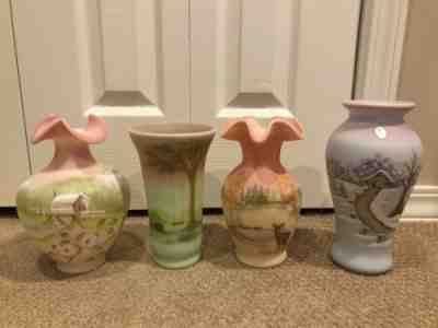 Fenton QVC Hand Painted Four Seasons Scene Vase Set Limited 1500 Burmese Colors