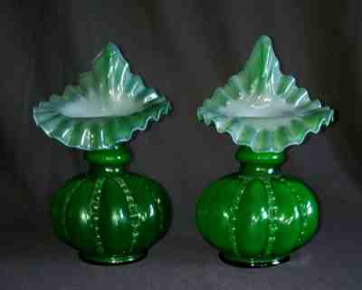 Fenton Green Overlay Beaded Melon Jack in The Pulpit Lot of 2