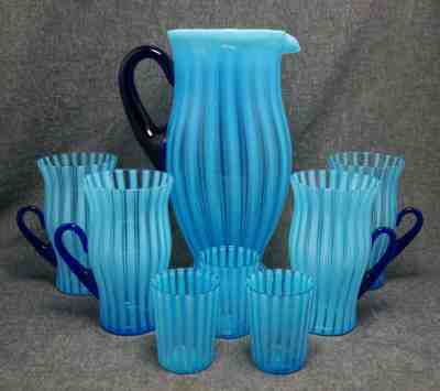 FENTON Blue Opalescent Stripe / Rib Optic LEMONADE SET - Pitcher and Glasses