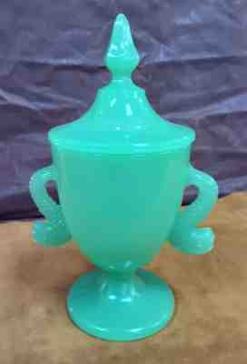 Vintage Fenton Jadeite fan shaped vases with Dolphin or Koi shops Handles