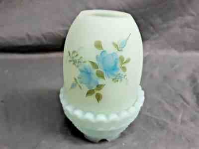 FENTON LIGHT BLUE SATIN FAIRY LAMP WITH BLUE ROSES