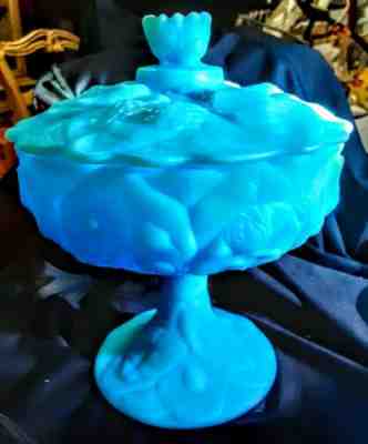 Vintage Fenton Water Lilly Candy Dish,  satin Blue