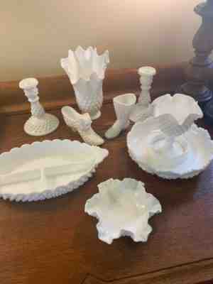 9 PIECE VINTAGE LOT FENTON WHITE MILK GLASS HOBNAIL DISHES VASE CANDLESTICK BOOT