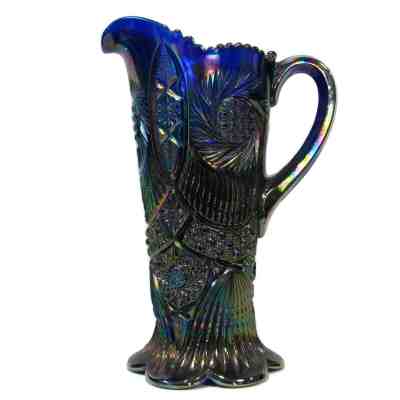 Fenton Cobalt Blue Carnival Glass Pinwheel Pitcher Mckee Aztec Sunburst Pattern