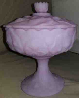 FENTON WATER LILY Lavender Satin CANDY DISH pedestal bowl with lid CHIPPED LID