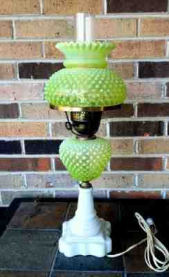 Rare VTG Fenton Hobnail Student Lamp #3707TO Topaz Opalescent Vaseline 20” tall