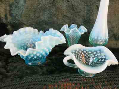 FOUR PC FENTON BLUE OPALESCENT HOBNAIL COLLECTIBLES, VASE,C DISH,BOWL 