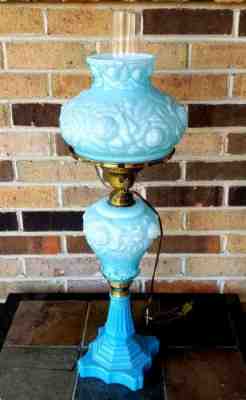 Fenton Cabbage Rose Blue Overlay Student Lamp