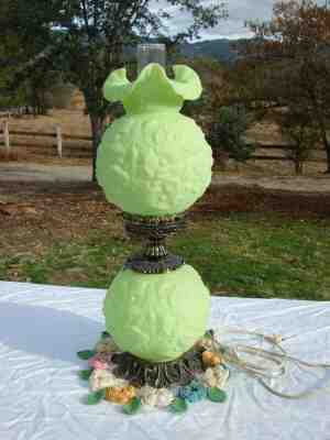 Vintage Fenton Lime Green Satin Poppy Pattern Hurricane Table Lamp - GLOWS!