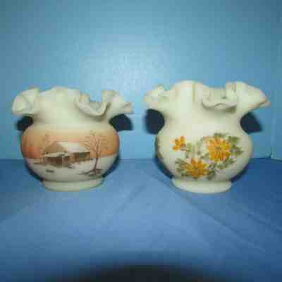 Two Vintage Fenton Rose Bowls Both Hand PAinted and signed -Log cabin- flowers