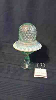 Fenton Iridized Opaline Green Hobnail Footed 3 Piece Fairy Lamp/Light