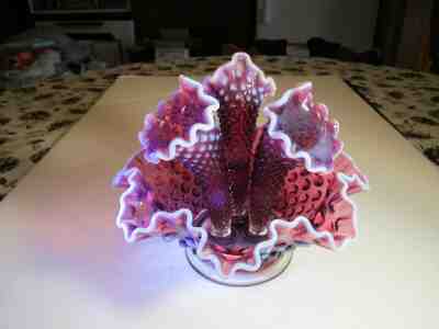 VTG Fenton Plum Opalescent Hobnail Pattern 3 Lily Horns Epergne Set