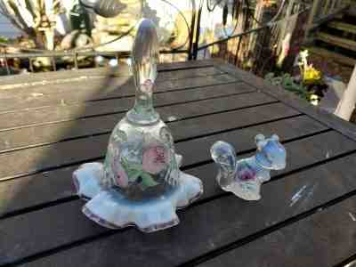 Fenton French Opalescent HP Trellis Rose Optic Bell and Squirrel Pair - 1999