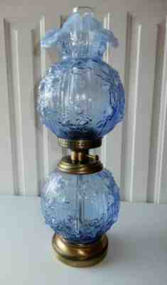 FENTON  GWTW  HURRICANE LAMP BRASS BASE BLUE CABBAGE ROSE PATTERN 