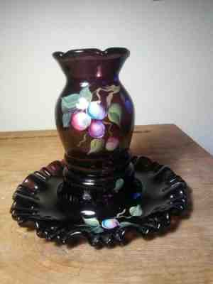 2 pc Fenton Signed Purple Chimney Fairy Lamp Light Hand Painted Fruit Plums