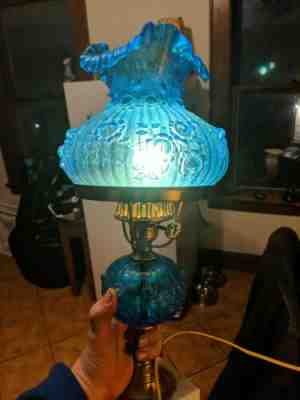 FENTON  GWTW  HURRICANE LAMP BRASS BASE BLUE CABBAGE ROSE PATTERN 