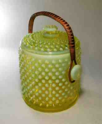 Scarce Fenton Topaz Opalescent Hobnail Cookie Jar Complete w/ Handle Vaseline