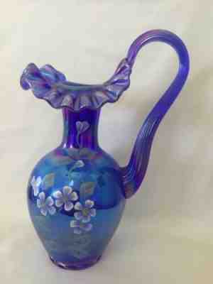 FENTON Pitcher Cobalt Blue Glass Hand Painted Floral Artist HAYHURST Iridescent