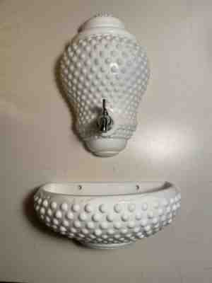 Vintage FENTON Milk Glass Hobnail Lavabo 3 Piece Fountain Wall Pocket COMPLETE